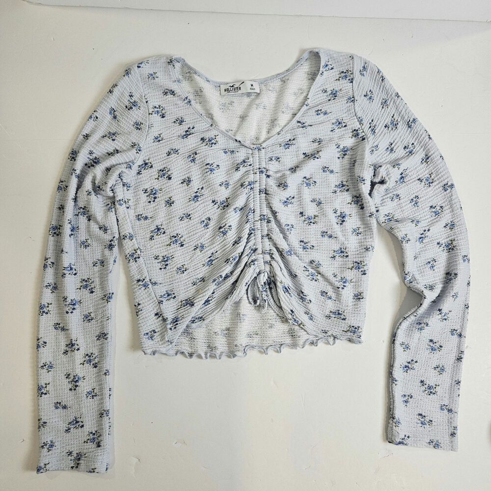 Hollister Medium Blue Dainty Floral Crop Top Long Sleeve